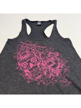 Vintage SRH Womens Racerback Tank Top Shirt Gray Pink Skull Graphic Y2K Grunge